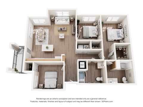 Floor plan for 3 beds, 2 baths, 1303 sqft